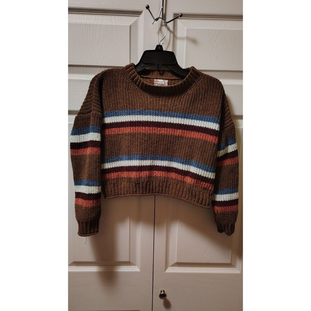 Pink Republic Brown Striped Cropped Crewneck Sweater Small